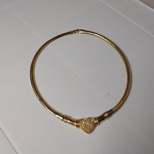 Gold Tone Heart Necklace With Clear Rhinestones